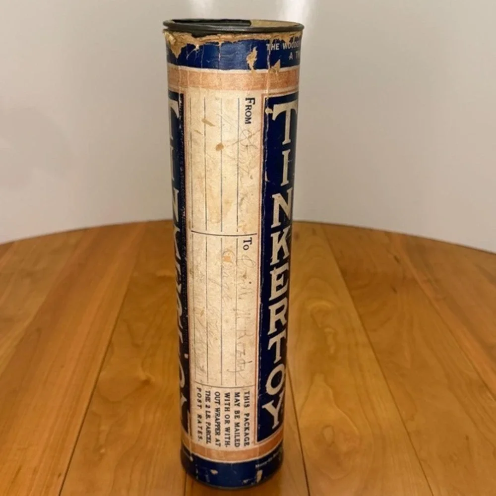 Antique Tinkertoy No. 3 Set – Wooden Construction Toy w/ Original Tube+Paperwork